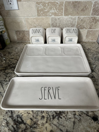 Rae Dunn 5 Piece Serving Set - Serve Platter & Dunk, Dip,Spread Bowls on Tray RCD