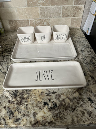 Rae Dunn 5 Piece Serving Set - Serve Platter & Dunk, Dip,Spread Bowls on Tray RCD