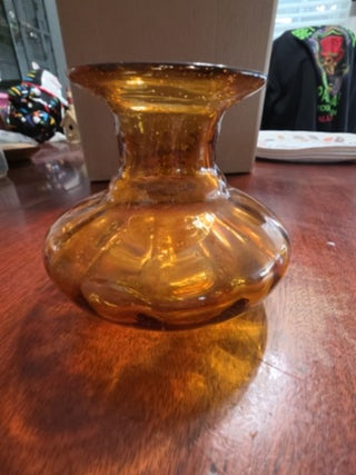 Blown Art Glass Vase W/ Bubbles Amber Round 5.7"