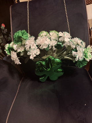 Vintage Clover Vase with Carnations green, whithe glitter floral arrangement #63 VV MTS