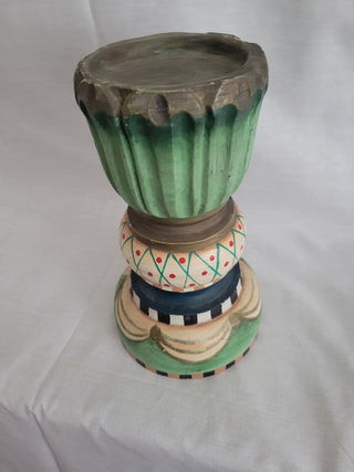 8-1/2" Tall Toll Painted Round Wood Candle Holder RCD