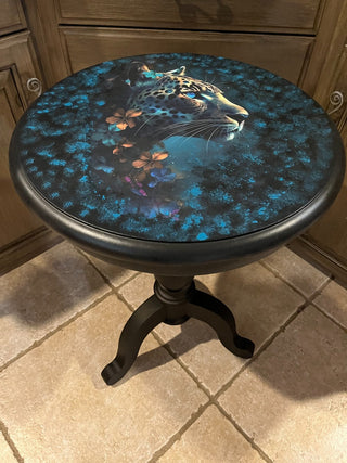 Leopard w/Blue Eyes Black Side Table Custom Designed RSV