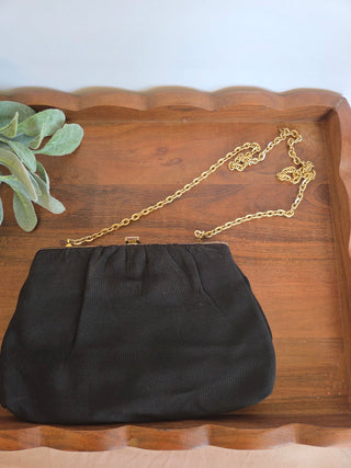 Vtg. Black Evening Purse w/ Gold Chain