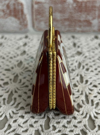 Vintage 1980's My treasure hand painted Maroon and gold victorian scene porcelain trinket box with gold handle #62 VV