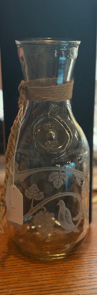 Vtg. (1988) Paul Masson Wine Carafe, w/acid etched grapevines/birds 9.5"