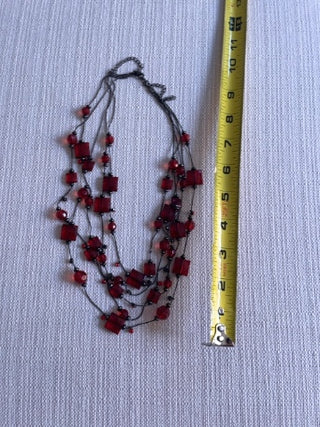 VINTAGE Beautiful Scarlet Red Faceted Bead Silver Tone Necklace Fringe Bib Wired