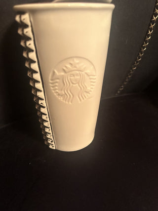 Starbucks 2014 White Ceramic Studded Tumbler Mug Ceramic Lid Embossed Logo 10 oz #47 VV MTS