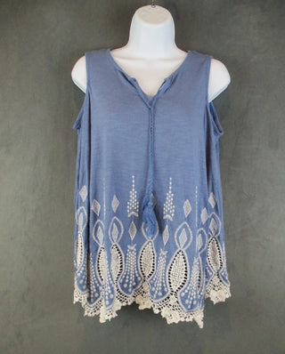 Chicos Top Womens Blue embrodidered Boho Cold Shoulder Flare Sleeve #63 VV MTS|106396