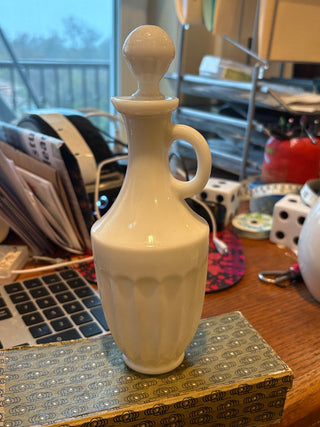 Vtg. White Milk Glass Cruet w/cork stopper 8"