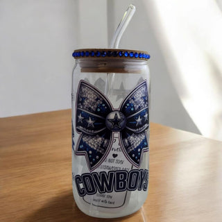 Glass Cup with Bamboo Lid and Straw 16 0z: Blue Rhinestone Cowboys RSV|69343