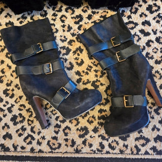 ALDO Black Leather Buckle Boots (Size 8.5)