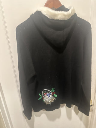 Victoria Jones Christmas holiday snowflakes and snow globe zip-up embroidery and sequin hooded cardigan sweater zip-up size Large #62 VV MTS|134311