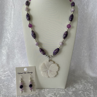Necklace & earrings set, purple flower pendant RSV|159783