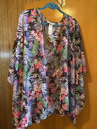 Sheer tropical floral over jacket. Size 2x - 5x, #SM. RCD|89214