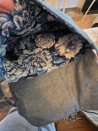 Recycled jean bag, updated strap design , fully lined