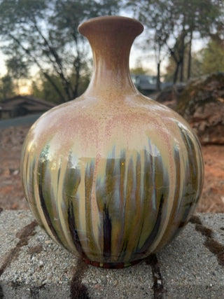 12.5” decorative ceramic vase with a hand-applied reactive drip glaze
