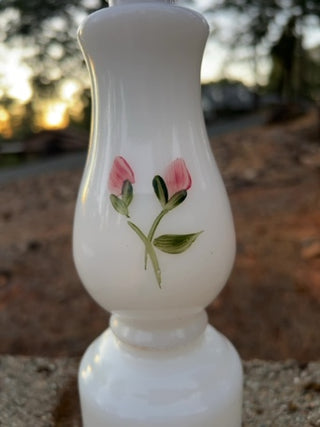 vintage boudoir lamp hand-painted pink rose designs on white milk glass