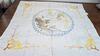Antique Asian Silk Hand Embroidered Tiger and Dragon Tablecloth 34"x36" RSV