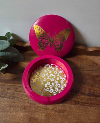 Pink Handpainted Wooden Butterfly Jewelry Box
