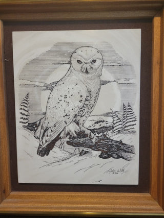 Vtg Framed Hand Etched Owl Picture by John Wills RCD