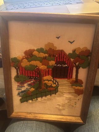 Vintage Embroidered Framed Farm Country 9"X11" framed #62 VV MTS