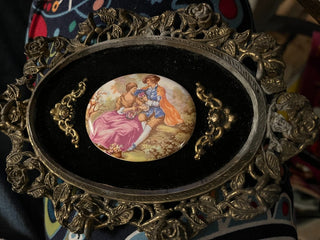 Vintage Hand Painted with Black Velvet Backing and Framed "Courting Couple" Cameo by E.A. RIBA CO. INC RSV|125517