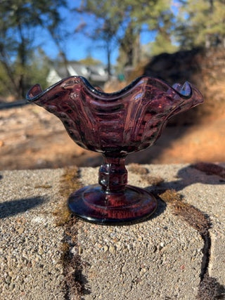 JP 4.5” Compote Bowl Coin Spot Thumbprint Amethyst Pedestal Ruffle Carnival Glass