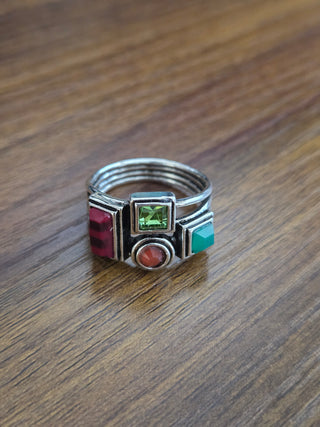 Stainless Steel Multi-Gem Silver Ring