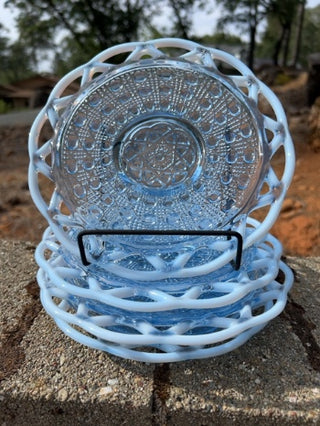 JP SET of 4 vintage Imperial Glass dish featuring the "Laced Edge" pattern in the popular "Katy Blue" opalescent color