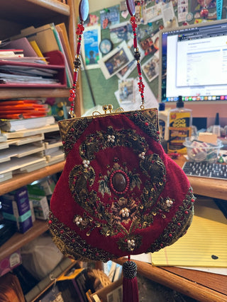 Mary Frances Red Velvet Beaded purse w/beaded strap and tassle