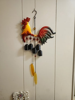 Very cute, twenty four inch metal and glass rooster wind chime