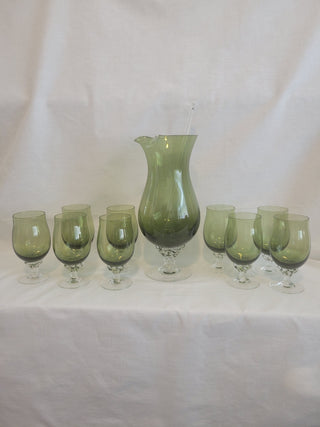 Sasaki Blown Green Glass Carafe, Stirrer & 9 Glasses RCD|106232