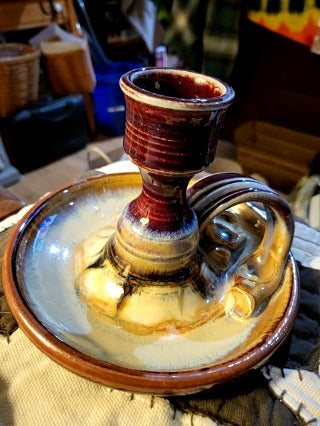 Vintage Art Pottery single candleholder with brown drip glaze