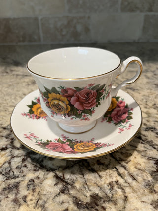 (21)Queen Anne Pink & Yellow Roses Tea Cup & Saucer RCD
