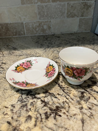 (21)Queen Anne Pink & Yellow Roses Tea Cup & Saucer RCD