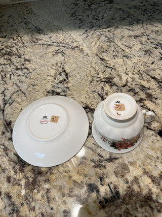 (21)Queen Anne Pink & Yellow Roses Tea Cup & Saucer RCD