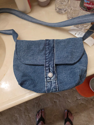 Recycled jean bag, patchwork lining.