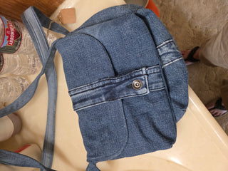 Recycled jean bag, updated strap design , fully lined