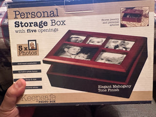 Brand New Mahogany -Tone Finish 10 X 7" Storage Box w/5 photo slot, jewelry, coin #47 VV MTS