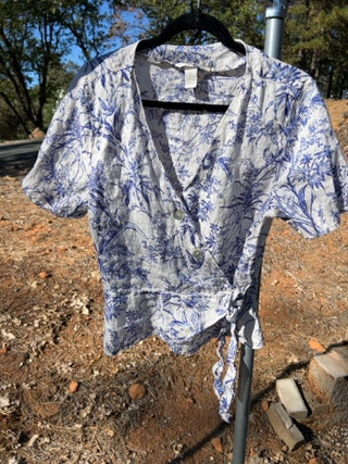 H&M 100% Linen Wrap Top Botanical Print Size L