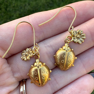 Brass Ladybug and Flower Charm Earrings MTS