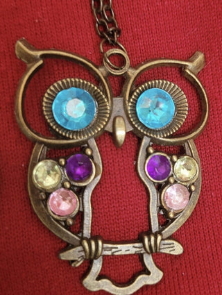 Blue and Pink Rhinestone Owl and Pendant Bronze Tone Necklace #62 VV MTS