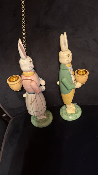 Set Vintage 11" Wood Carved Painted Easter Bunny Rabbit Candle Holders Set of 2 #62 VV MTS