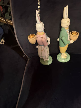 Set Vintage 11" Wood Carved Painted Easter Bunny Rabbit Candle Holders Set of 2 #62 VV MTS