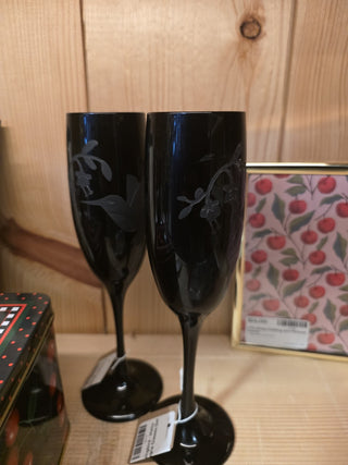 Etched Hummingbird - Matte Black Champagne Glasses (Set of 2) (BRI) - MTS|163833