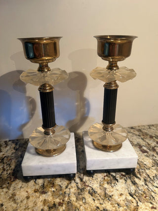 Brass, Lucite, and Marble Candle Holders, Set of 2   MTS