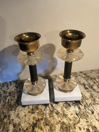 Brass, Lucite, and Marble Candle Holders, Set of 2   MTS