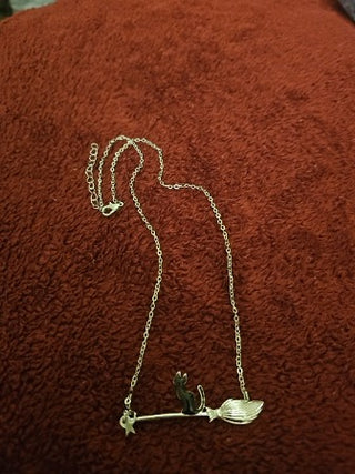Black Cat Flying on Broom Necklace