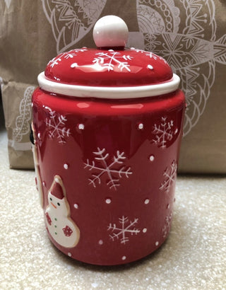 Vintage Hallmark Ceramic Christmas Holiday Red Cookie Jar Snowman Flakes #63 VV MTS|125573