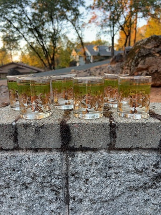 SET OF 6 Mid Century Neiman Marcus Barware Green & Gold Leaf Cocktail Rocks Glasses